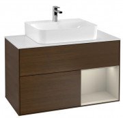 Тумба под раковину Villeroy & Boch Finion 100х50,1 см с подсветкой ДСП шпон грецкого ореха/песок матовый лак/стекло белое матовое F121HHGN