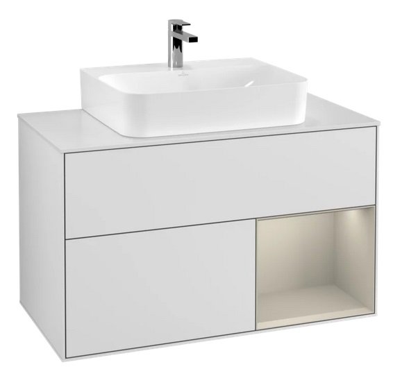 Тумба під раковину Villeroy & Boch Finion 100х50,1 см з підсвічуванням МДФ білий матовий лак/пісок матовий лак/скло біле матове F121HHMT