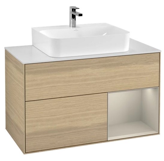 Тумба під раковину Villeroy & Boch Finion 100х50,1 см з підсвічуванням ДСП шпон дуба/пісок матовий лак/скло біле матове F121HHPC