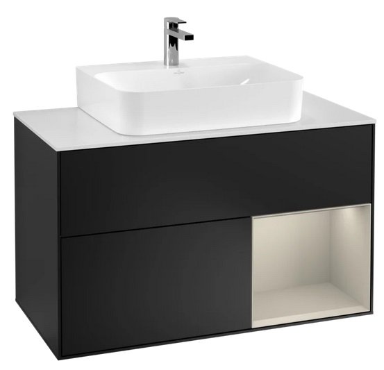 Тумба под раковину Villeroy & Boch Finion 100х50,1 см с подсветкой МДФ черный матовый лак/песок матовый лак/стекло белое матовое F121HHPD