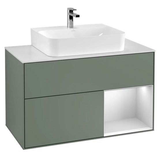 Тумба під раковину Villeroy & Boch Finion 100х50,1 см із підсвічуванням МДФ оливковий матовий лак/білий матовий лак/скло біле матове F121MTGM