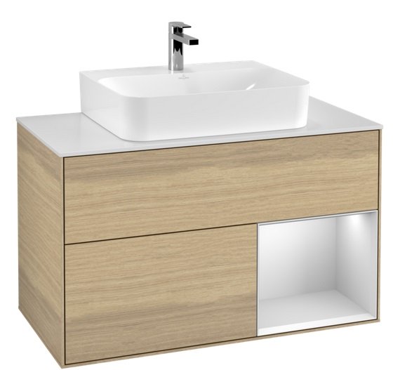 Тумба під раковину Villeroy & Boch Finion 100х50,1 см з підсвічуванням ДСП шпон дуба/білий матовий лак/скло біле матове F121MTPC