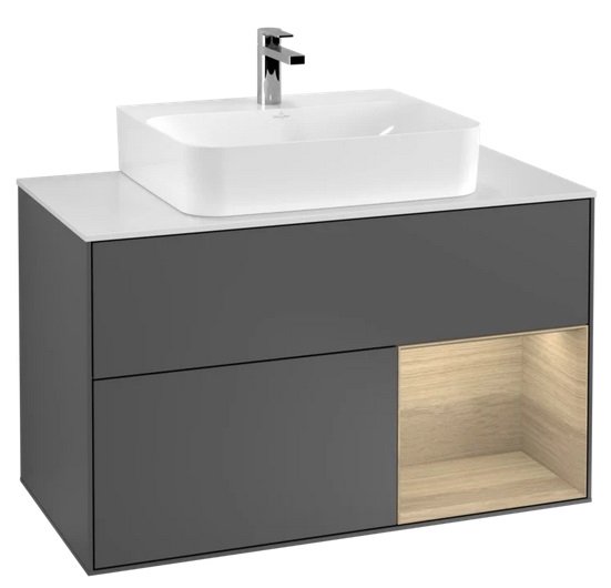 Тумба під раковину Villeroy & Boch Finion 100х50,1 см з підсвічуванням МДФ антрацит матовий лак/шпон дуба/скло біле матове F121PCGK