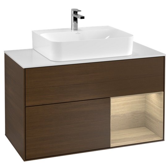 Тумба под раковину Villeroy & Boch Finion 100х50,1 см с подсветкой ДСП шпон грецкого ореха/шпон дуба/стекло белое матовое F121PCGN