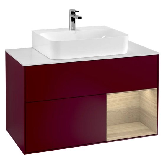 Тумба под раковину Villeroy & Boch Finion 100х50,1 см с подсветкой МДФ пион матовый лак/шпон дуба/стекло белое матовое F121PCHB