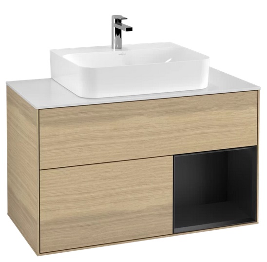 Тумба под раковину Villeroy & Boch Finion 100х50,1 см с подсветкой ДСП шпон дуба/черный матовый лак/стекло белое матовое F121PDPC