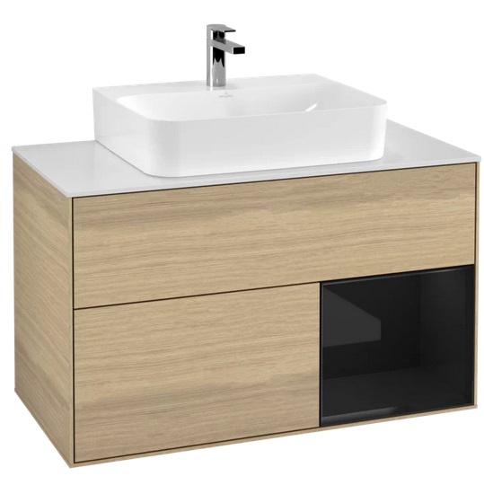 Тумба під раковину Villeroy & Boch Finion 100х50,1 см із підсвічуванням ДСП шпон дуба/глянцевий чорний лак/скло біле матове F121PHPC