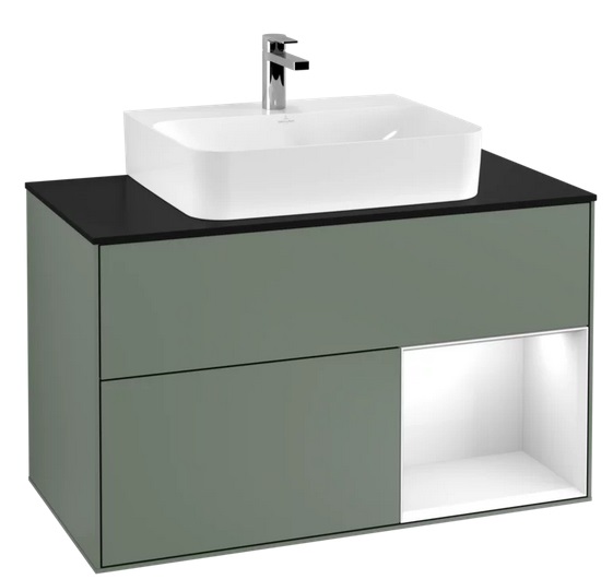 Тумба под раковину Villeroy & Boch Finion 100х50,1 см с подсветкой МДФ оливковый матовый лак/глянцевый белый лак/стекло черное матовое F122GFGM