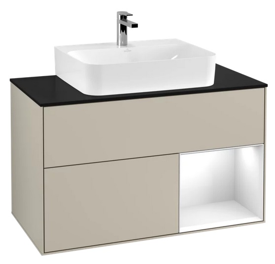 Тумба под раковину Villeroy & Boch Finion 100х50,1 см с подсветкой МДФ песок матовый лак/глянцевый белый лак/стекло черное матовое F122GFHH