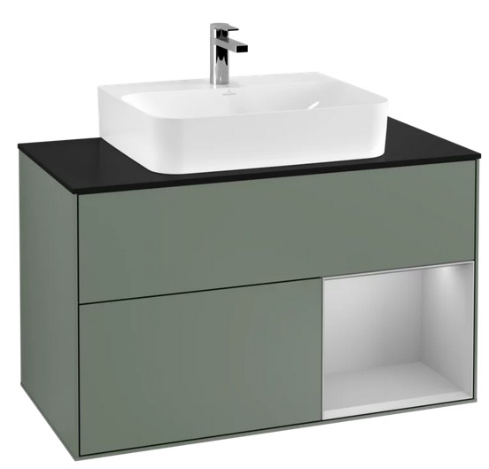 Тумба под раковину Villeroy & Boch Finion 100х50,1 см с подсветкой МДФ оливковый матовый лак/светло-серый матовый лак/стекло черное матовое F122GJGM