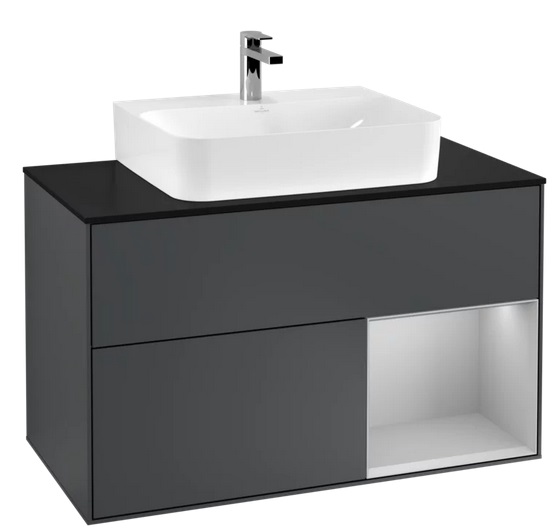 Тумба під раковину Villeroy & Boch Finion 100х50,1 см із підсвічуванням МДФ темно-синій матовий лак/світло-сірий матовий лак/скло чорне матове F122GJHG