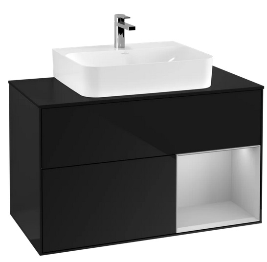 Тумба під раковину Villeroy & Boch Finion 100х50,1 см із підсвічуванням МДФ глянсовий чорний лак/світло-сірий матовий лак/скло чорне матове F122GJPH