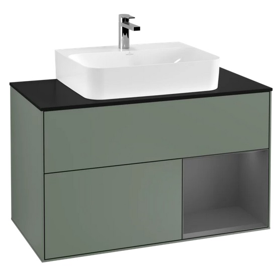 Тумба под раковину Villeroy & Boch Finion 100х50,1 см с подсветкой МДФ оливковый матовый лак/антрацит матовый лак/стекло черное матовое F122GKGM