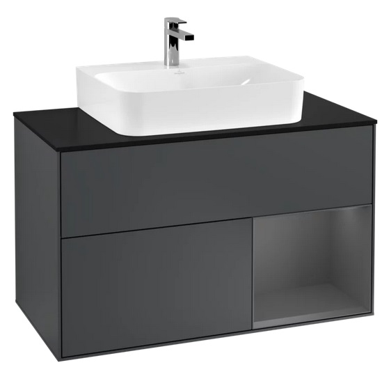 Тумба під раковину Villeroy & Boch Finion 100х50,1 см з підсвічуванням темно-синій матовий лак/антрацит матовий лак/скло чорне матове F122GKHG
