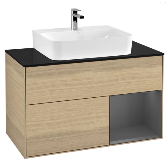 Тумба под раковину Villeroy & Boch Finion 100х50,1 см с подсветкой ДСП шпон дуба/антрацит матовый лак/стекло черное матовое F122GKPC