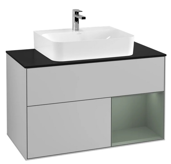 Тумба под раковину Villeroy & Boch Finion 100х50,1 см с подсветкой МДФ светло-серый матовый лак/оливковый матовый лак/стекло черное матовое F122GMGJ
