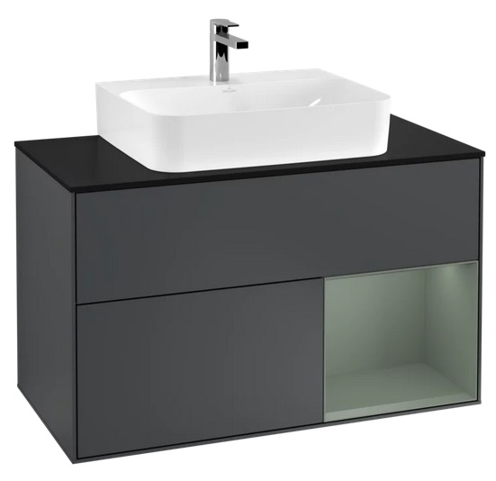 Тумба под раковину Villeroy & Boch Finion 100х50,1 см с подсветкой МДФ темно-синий матовый лак/оливковый матовый лак/стекло черное матовое F122GMHG