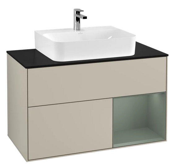 Тумба под раковину Villeroy & Boch Finion 100х50,1 см с подсветкой МДФ песок матовый лак/оливковый матовый лак/стекло черное матовое F122GMHH