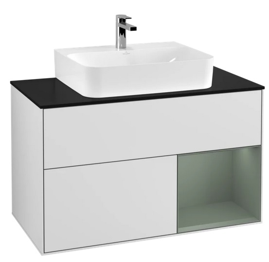 Тумба под раковину Villeroy & Boch Finion 100х50,1 см с подсветкой МДФ белый матовый лак/оливковый матовый лак/стекло черное матовое F122GMMT