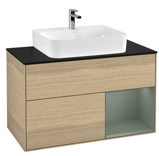 Тумба під раковину Villeroy & Boch Finion 100х50,1 см з підсвічуванням ДСП шпон дуба/оливковий матовий лак/скло чорне матове F122GMPC