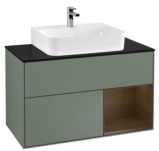 Тумба под раковину Villeroy & Boch Finion 100х50,1 см с подсветкой МДФ оливковый матовый лак/шпон грецкого ореха/стекло черное матовое F122GNGM
