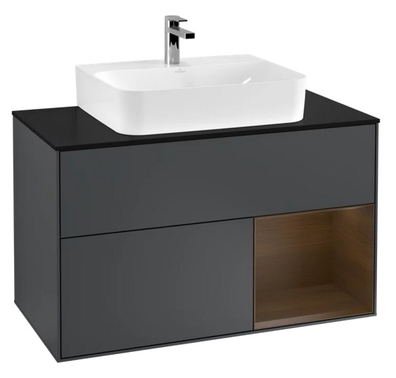 Тумба под раковину Villeroy & Boch Finion 100х50,1 см с подсветкой МДФ темно-синий матовый лак/шпон грецкого ореха/стекло черное матовое F122GNHG