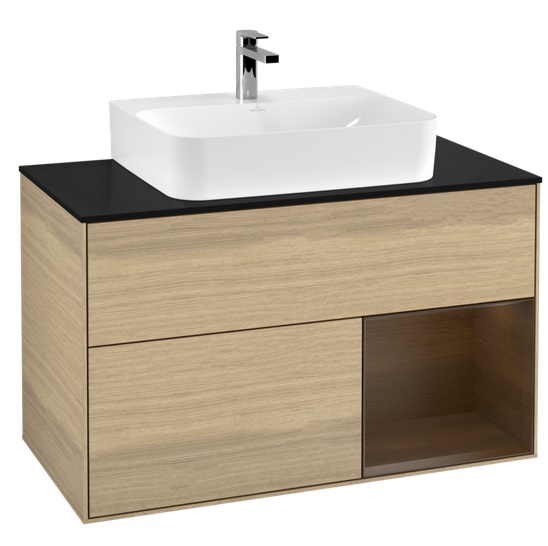 Тумба під раковину Villeroy & Boch Finion 100х50,1 см з підсвічуванням ДСП шпон дуба/шпон волоського горіха/скло чорне матове F122GNPC