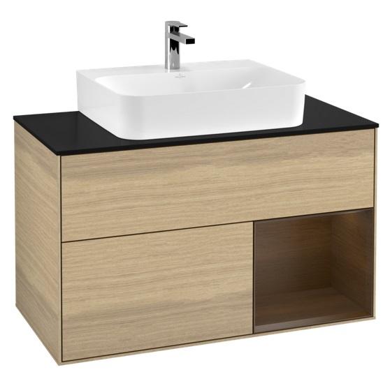 Тумба под раковину Villeroy & Boch Finion 100х50,1 см с подсветкой ДСП шпон дуба/шпон грецкого ореха/стекло черное матовое F122GNPC