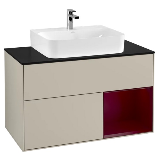 Тумба под раковину Villeroy & Boch Finion 100х50,1 см с подсветкой МДФ песок матовый лак/пион матовый лак/стекло черное матовое F122HBHH