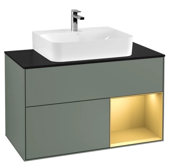 Тумба под раковину Villeroy & Boch Finion 100х50,1 см с подсветкой МДФ оливковый матовый лак/золотой матовый лак/стекло черное матовое F122HFGM