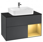 Тумба под раковину Villeroy & Boch Finion 100х50,1 см с подсветкой МДФ темно-синий матовый лак/золотой матовый лак/стекло черное матовое F122HFHG