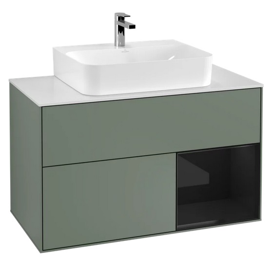 Тумба під раковину Villeroy & Boch Finion 100х50,1 см із підсвічуванням МДФ оливковий матовий лак/глянцевий чорний лак/скло біле матове F121PHGM