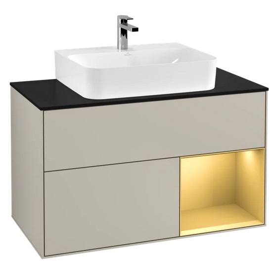 Тумба под раковину Villeroy & Boch Finion 100х50,1 см с подсветкой МДФ песок матовый лак/золотой матовый лак/стекло черное матовое F122HFHH
