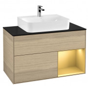 Тумба под раковину Villeroy & Boch Finion 100х50,1 см с подсветкой МДФ шпон дуба/золотой матовый лак/стекло черное матовое F122HFPC