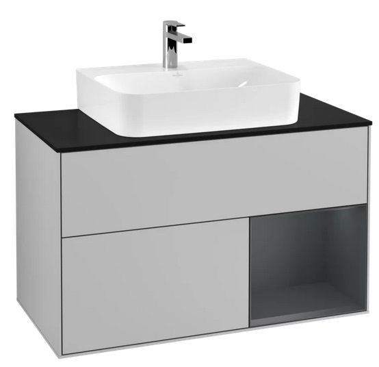 Тумба під раковину Villeroy & Boch Finion 100х50,1 см із підсвічуванням МДФ світло-сірий матовий лак/темно-синій матовий лак/скло чорне матове F122HGGJ