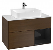 Тумба под раковину Villeroy & Boch Finion 100х50,1 см с подсветкой ДСП шпон грецкого ореха/глянцевый черный лак/стекло белое матовое F121PHGN