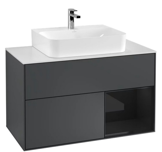 Тумба под раковину Villeroy & Boch Finion 100х50,1 см с подсветкой МДФ темно-синий матовый лак/глянцевый черный лак/стекло белое матовое F121PHHG