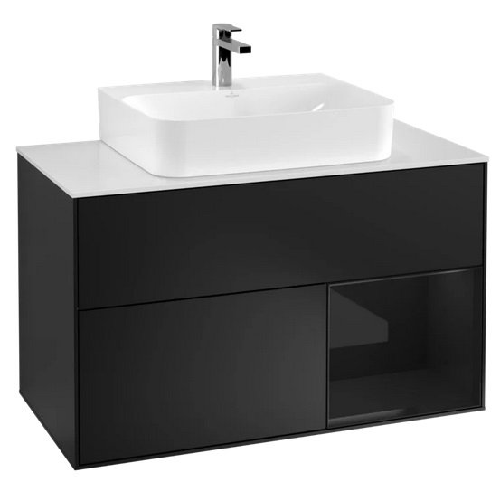 Тумба под раковину Villeroy & Boch Finion 100х50,1 см с подсветкой МДФ черный матовый лак/глянцевый черный лак/стекло белое матовое F121PHPD