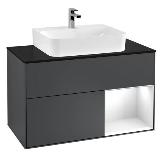 Тумба под раковину Villeroy & Boch Finion 100х50,1 см с подсветкой МДФ темно-синий матовый лак/глянцевый белый лак/стекло черное матовое F122GFHG