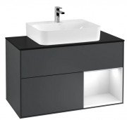 Тумба под раковину Villeroy & Boch Finion 100х50,1 см с подсветкой МДФ темно-синий матовый лак/глянцевый белый лак/стекло черное матовое F122GFHG