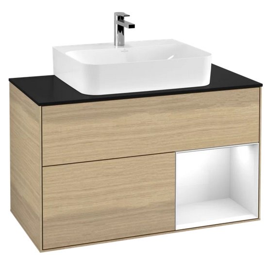 Тумба под раковину Villeroy & Boch Finion 100х50,1 см с подсветкой ДСП шпон дуба/глянцевый белый лак/стекло черное матовое F122GFPC
