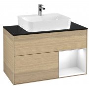 Тумба под раковину Villeroy & Boch Finion 100х50,1 см с подсветкой ДСП шпон дуба/глянцевый белый лак/стекло черное матовое F122GFPC