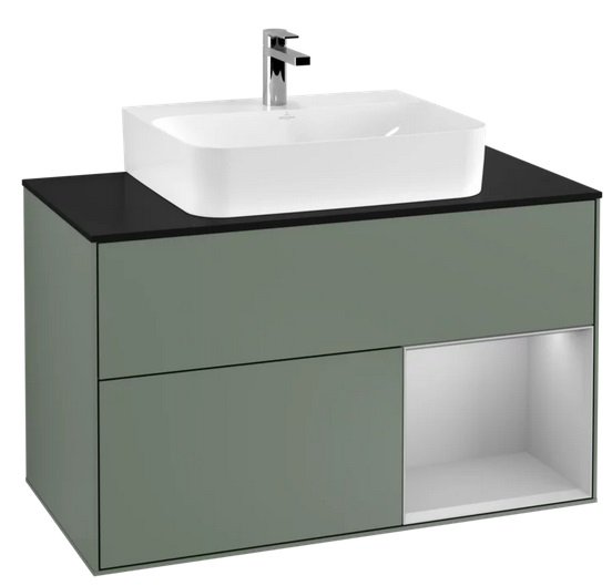 Тумба под раковину Villeroy & Boch Finion 100х50,1 см с подсветкой МДФ оливковый матовый лак/светло-серый матовый лак/стекло черное матовое F122GJGM