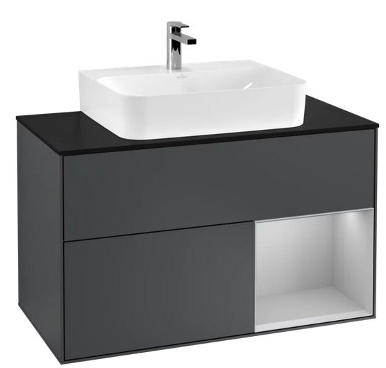 Тумба под раковину Villeroy & Boch Finion 100х50,1 см с подсветкой МДФ темно-синий матовый лак/светло-серый матовый лак/стекло черное матовое F122GJHG