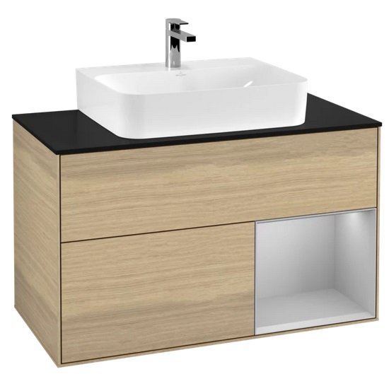 Тумба под раковину Villeroy & Boch Finion 100х50,1 см с подсветкой ДСП шпон дуба/светло-серый матовый лак/стекло черное матовое F122GJPC
