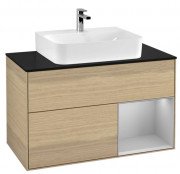 Тумба під раковину Villeroy & Boch Finion 100х50,1 см з підсвічуванням ДСП шпон дуба/світло-сірий матовий лак/скло чорне матове F122GJPC