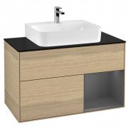 Тумба під раковину Villeroy & Boch Finion 100х50,1 см з підсвічуванням ДСП шпон дуба/антрацит матовий лак/скло чорне матове F122GKPC