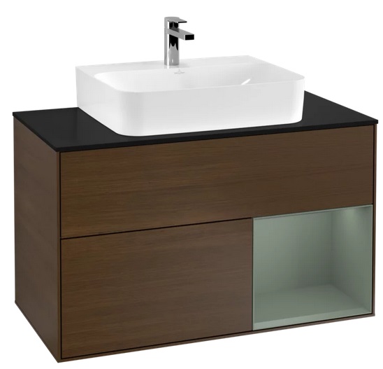 Тумба под раковину Villeroy & Boch Finion 100х50,1 см с подсветкой ДСП шпон грецкого ореха/оливковый матовый лак/стекло черное матовое F122GMGN