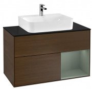 Тумба под раковину Villeroy & Boch Finion 100х50,1 см с подсветкой ДСП шпон грецкого ореха/оливковый матовый лак/стекло черное матовое F122GMGN