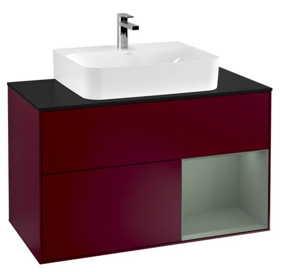 Тумба під раковину Villeroy & Boch Finion 100х50,1 см з підсвічуванням МДФ півонія матовий лак/оливковий матовий лак/скло чорне матове F122GMHB